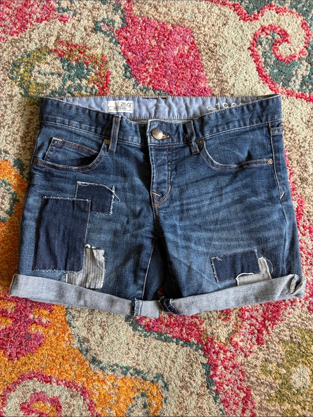 GAP Indigo Blue Patchwork Roll-Cuff Jean Shorts